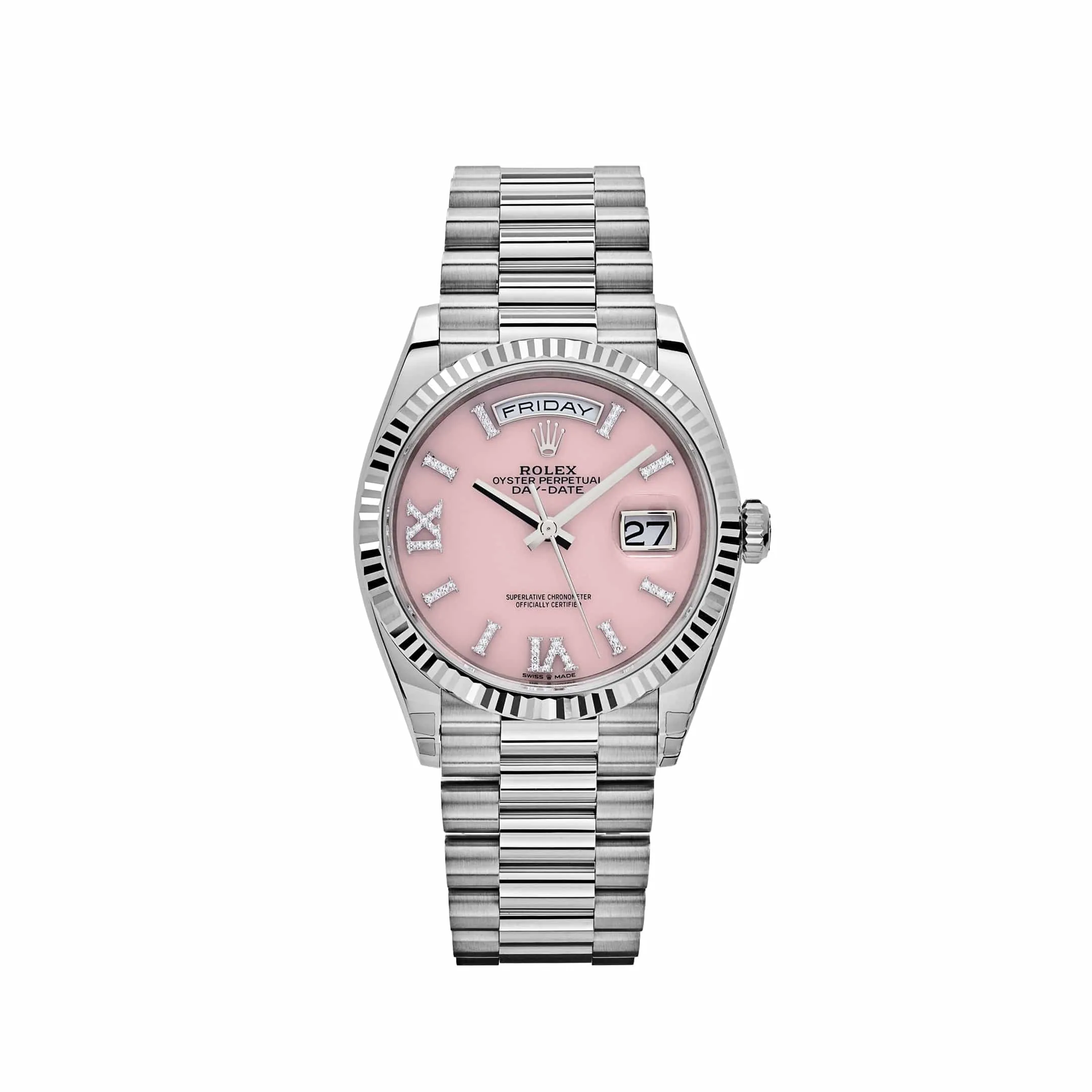 Rolex Day-Date 36 128239 White Gold Pink Opal Diamond Roman Numerals Dial