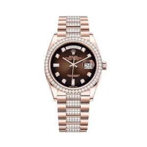 Rolex Day-Date 36 128345RBR Rose Gold Diamond Bezel Brown Diamond Dial