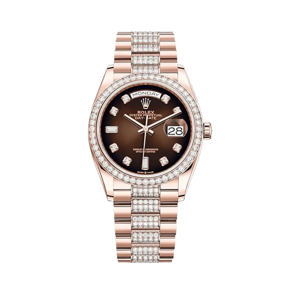 Rolex Day-Date 36 128345RBR Rose Gold Diamond Bezel Brown Diamond Dial