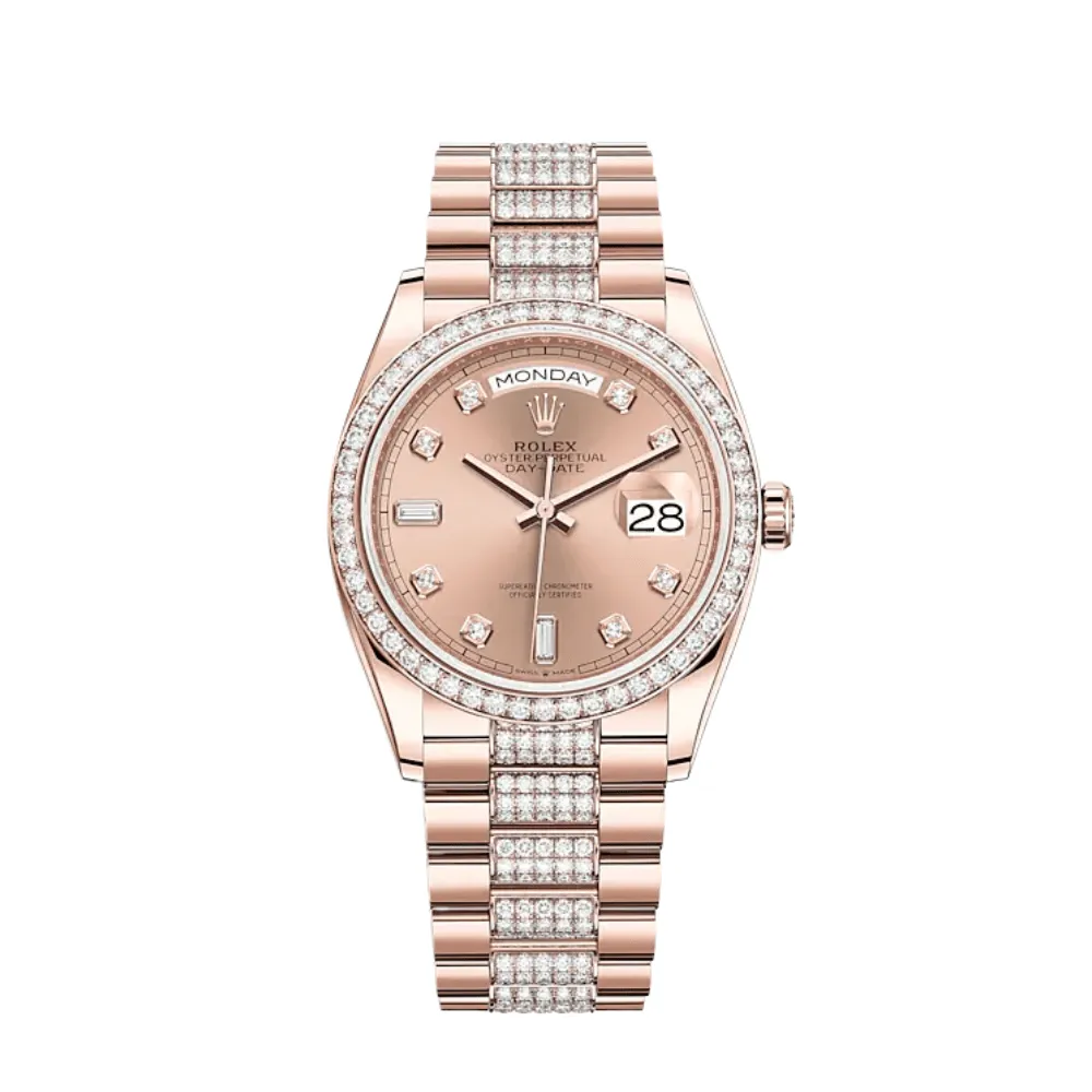 Rolex Day-Date 36 128345RBR Rose Gold Diamond Bezel Ros Diamond Dial