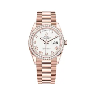 Rolex Day-Date 36 128345RBR Rose Gold Diamond Bezel White Dial