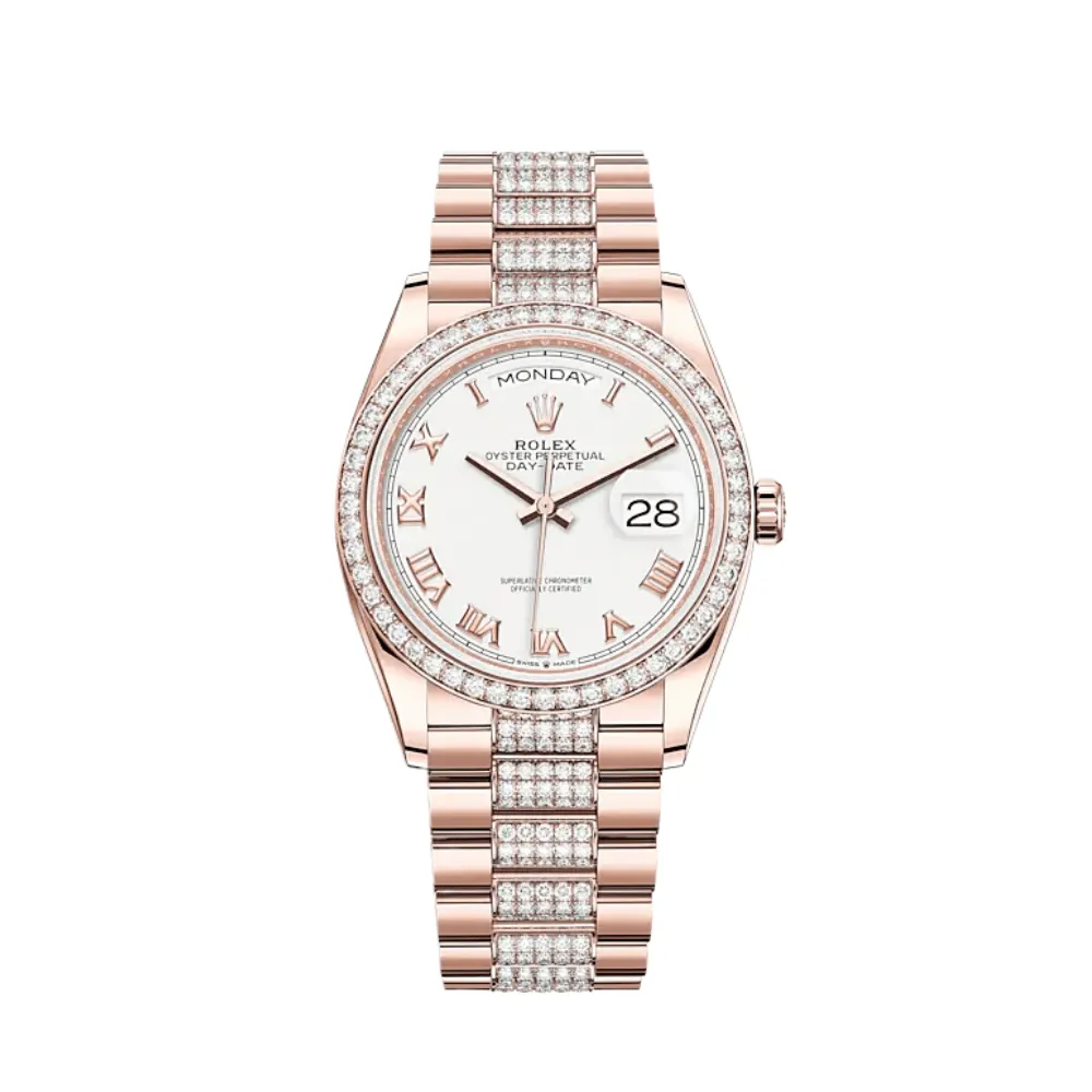Rolex Day-Date 36 128345RBR Rose Gold Diamond Bezel White Dial