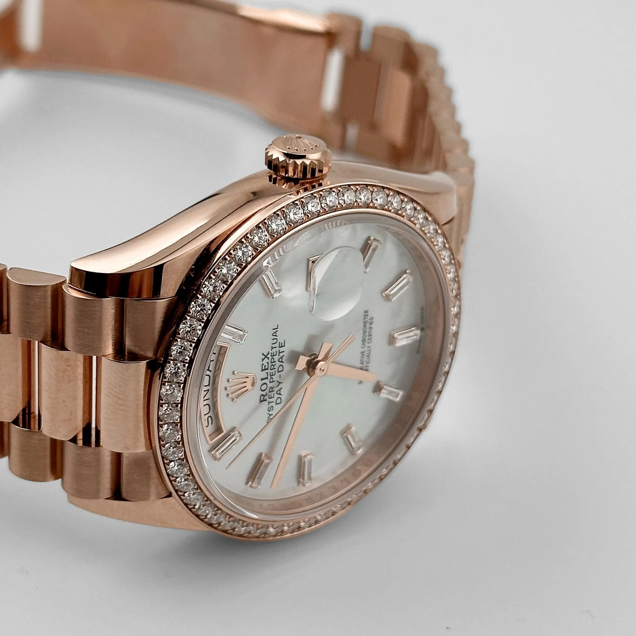 Rolex Day-Date 36 128345RBR Rose Gold Mother of Pearl Diamond Bezel (2025)