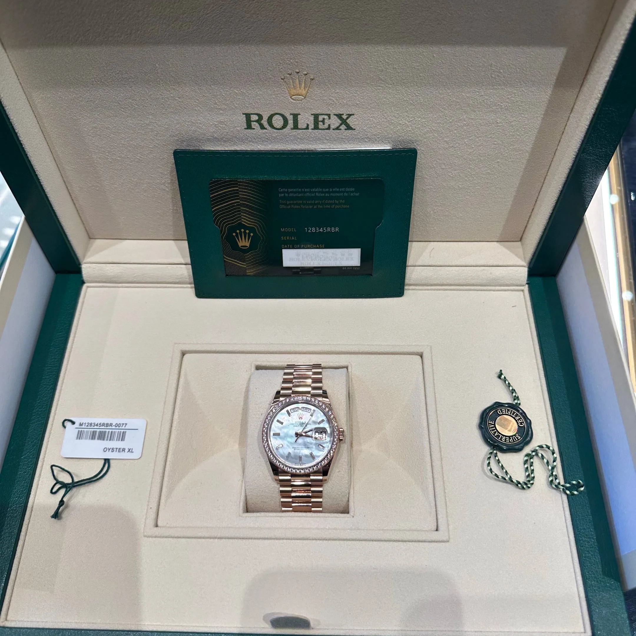 Rolex Day-Date 36 128345RBR Rose Gold Mother of Pearl Diamond Bezel (2025)