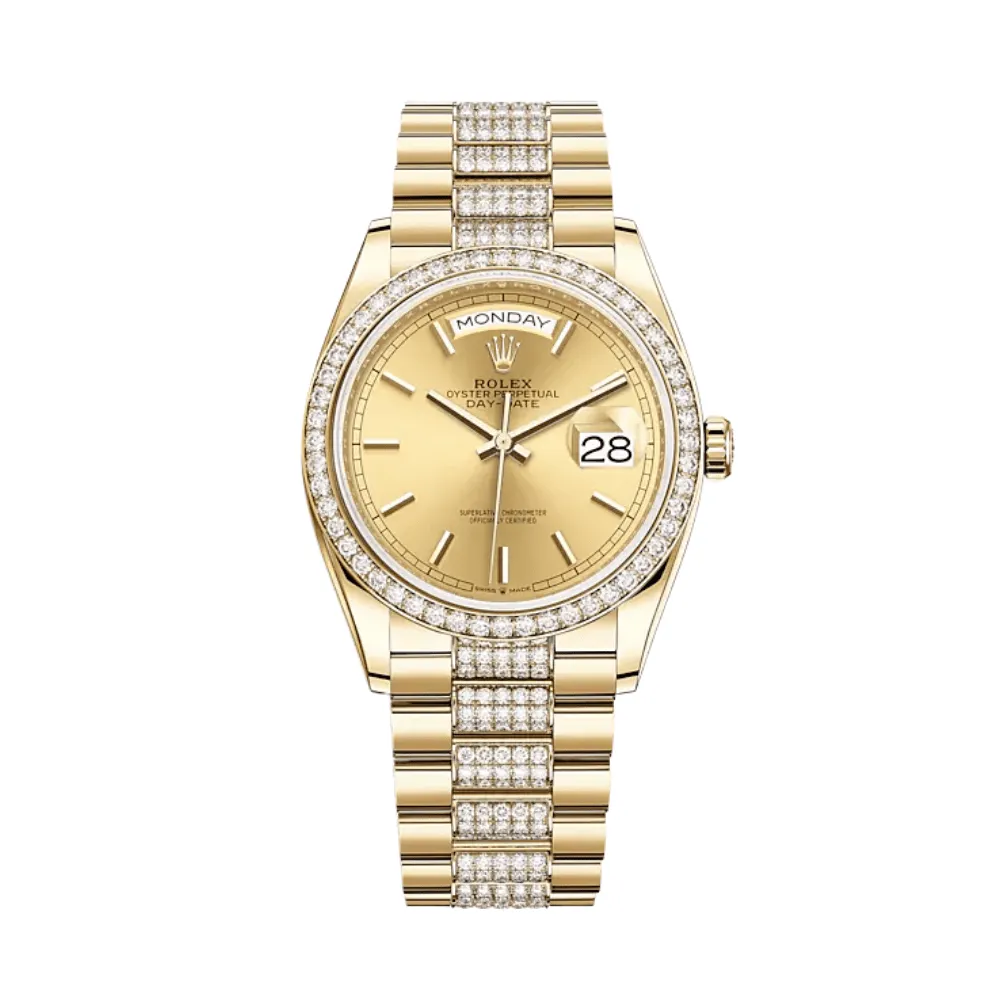 Rolex Day-Date 36 128348RBR Yellow Gold Diamond Bezel Champagne Dial