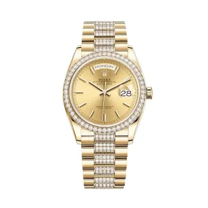 Rolex Day-Date 36 128348RBR Yellow Gold Diamond Bezel Champagne Dial