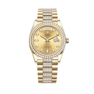 Rolex Day-Date 36 128348RBR Yellow Gold Diamond Bezel Champagne Diamond Dial
