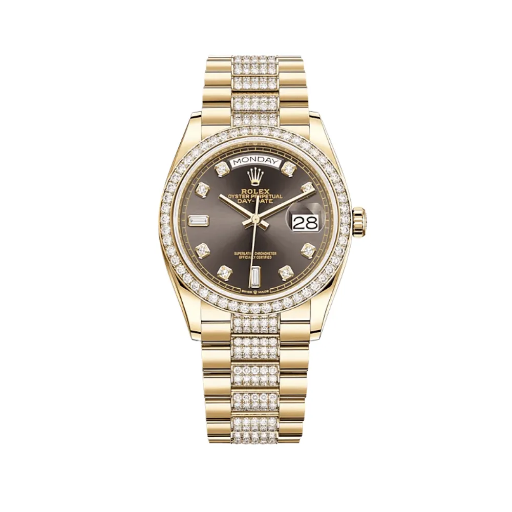 Rolex Day-Date 36 128348RBR Yellow Gold Diamond Bezel Grey Diamond Dial