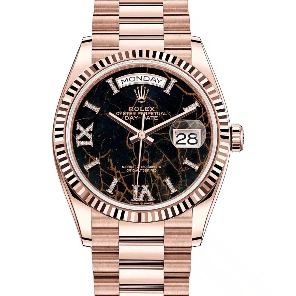 Rolex Day Date 36mm - Ref: 128235-0041 - Eisenkiesel Diamond Dial & Fluted Bezel, 18K Rose Gold President Bracelet Watch