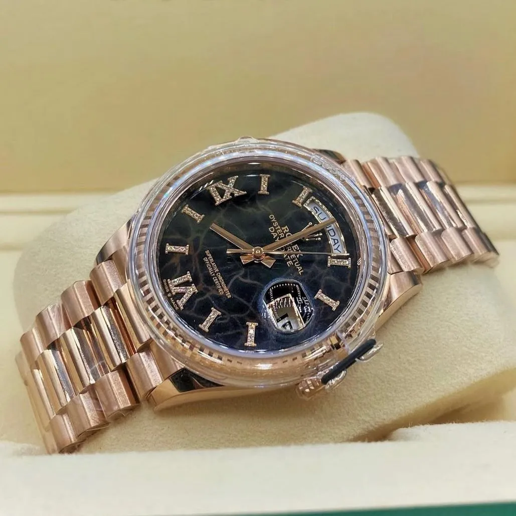 Rolex Day Date 36mm - Ref: 128235-0041 - Eisenkiesel Diamond Dial & Fluted Bezel, 18K Rose Gold President Bracelet Watch