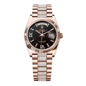 Rolex Day Date 36mm - Ref: 128235-0042 - Eisenkiesel Roman Dial & Fluted Bezel, 18K Rose Gold & Diamonds President Bracelet Watch