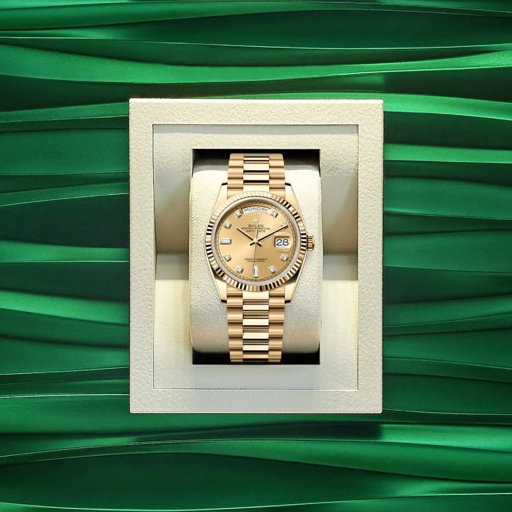 Rolex Day Date 36mm - Ref: 128238-0008 - Champagne Diamond Dial & Fluted Bezel, 18K Yellow Gold President Bracelet Watch