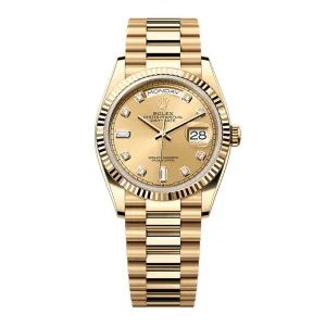 Rolex Day Date 36mm - Ref: 128238-0008 - Champagne Diamond Dial & Fluted Bezel, 18K Yellow Gold President Bracelet Watch