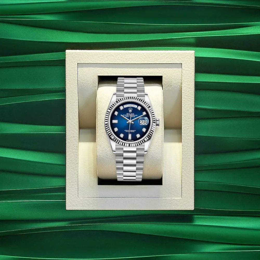 Rolex Day Date 36mm - Ref: 128239-0023 - Blue Ombre Diamond Dial & Fluted Bezel, 18K White Gold President Bracelet Watch
