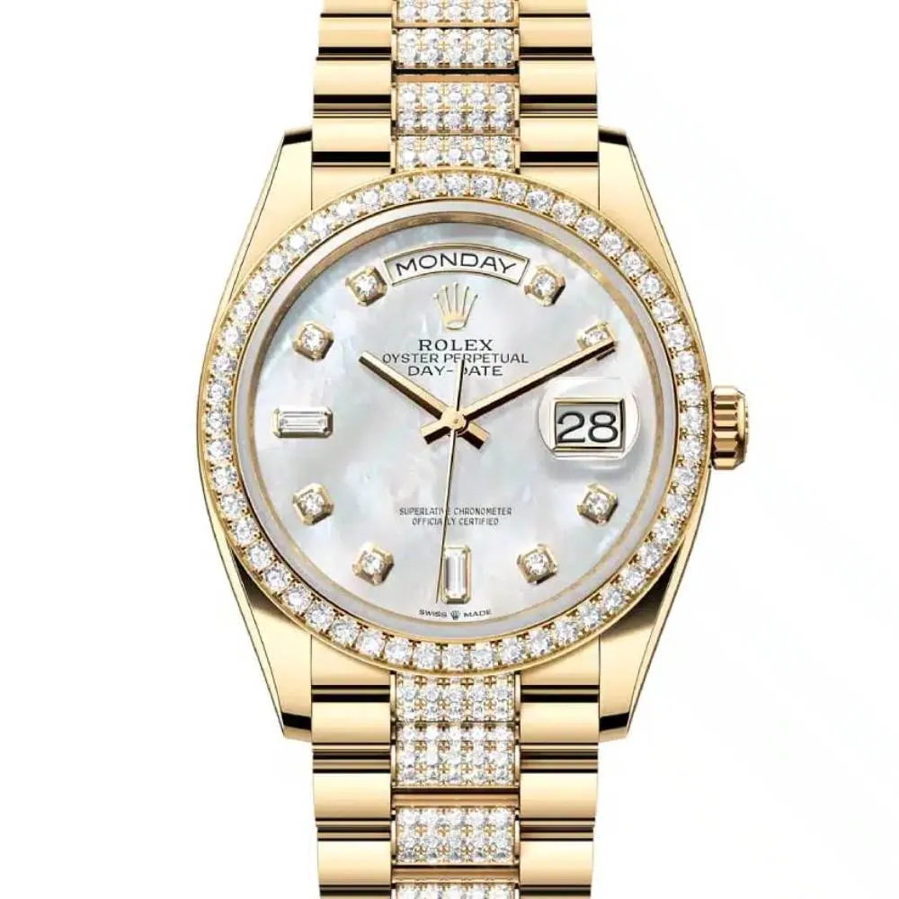 Rolex Day Date 36mm - Ref: 128348rbr-0019 - White Mother of Pearl Diamond Dial & Diamond Bezel, 18K Yellow Gold & Diamonds President Bracelet Watch