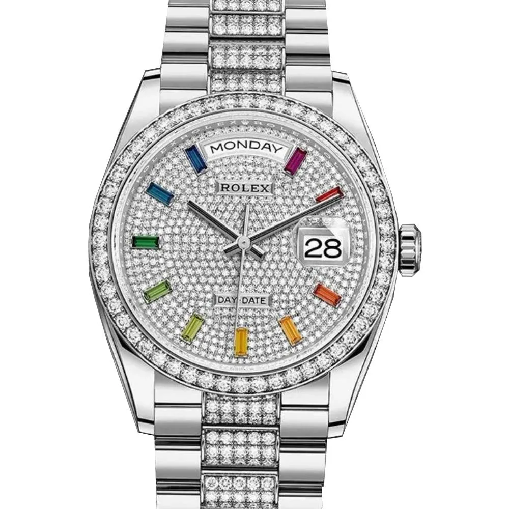 Rolex Day Date 36mm - Ref: 128349rbr-0012 - Pave Rainbow Diamond Dial & Diamond Bezel, 18K White Gold & Diamonds President Bracelet Watch