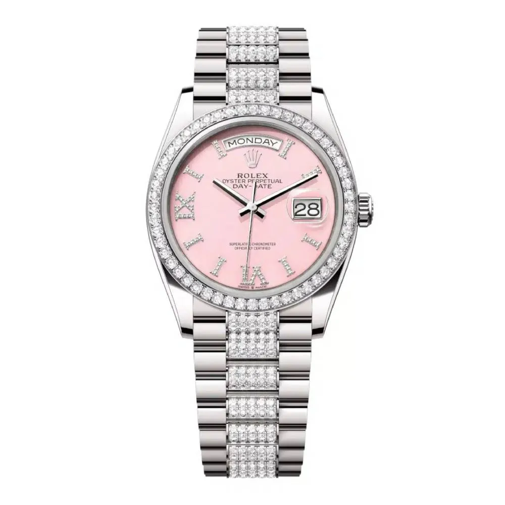 Rolex Day Date 36mm - Ref: 128349rbr-0017 - Pink Opal Diamond Dial & Diamond Bezel, 18K White Gold & Diamonds President Bracelet Watch