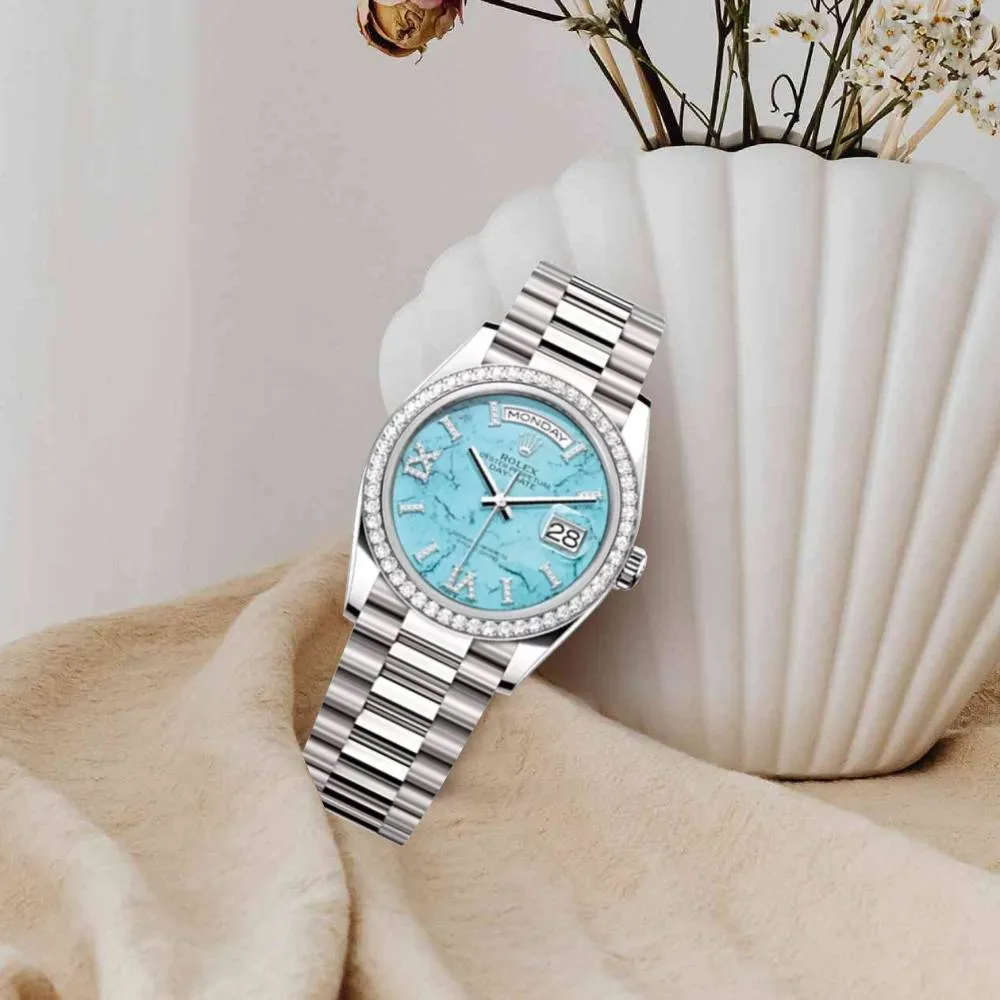 Rolex Day Date 36mm - Ref: 128349RBR - Tiffany Blue Turquoise Diamond Dial & Diamond Bezel, 18K White Gold President Bracelet Watch