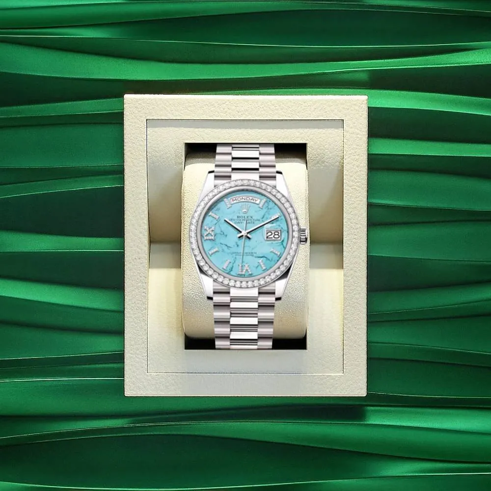Rolex Day Date 36mm - Ref: 128349RBR - Tiffany Blue Turquoise Diamond Dial & Diamond Bezel, 18K White Gold President Bracelet Watch