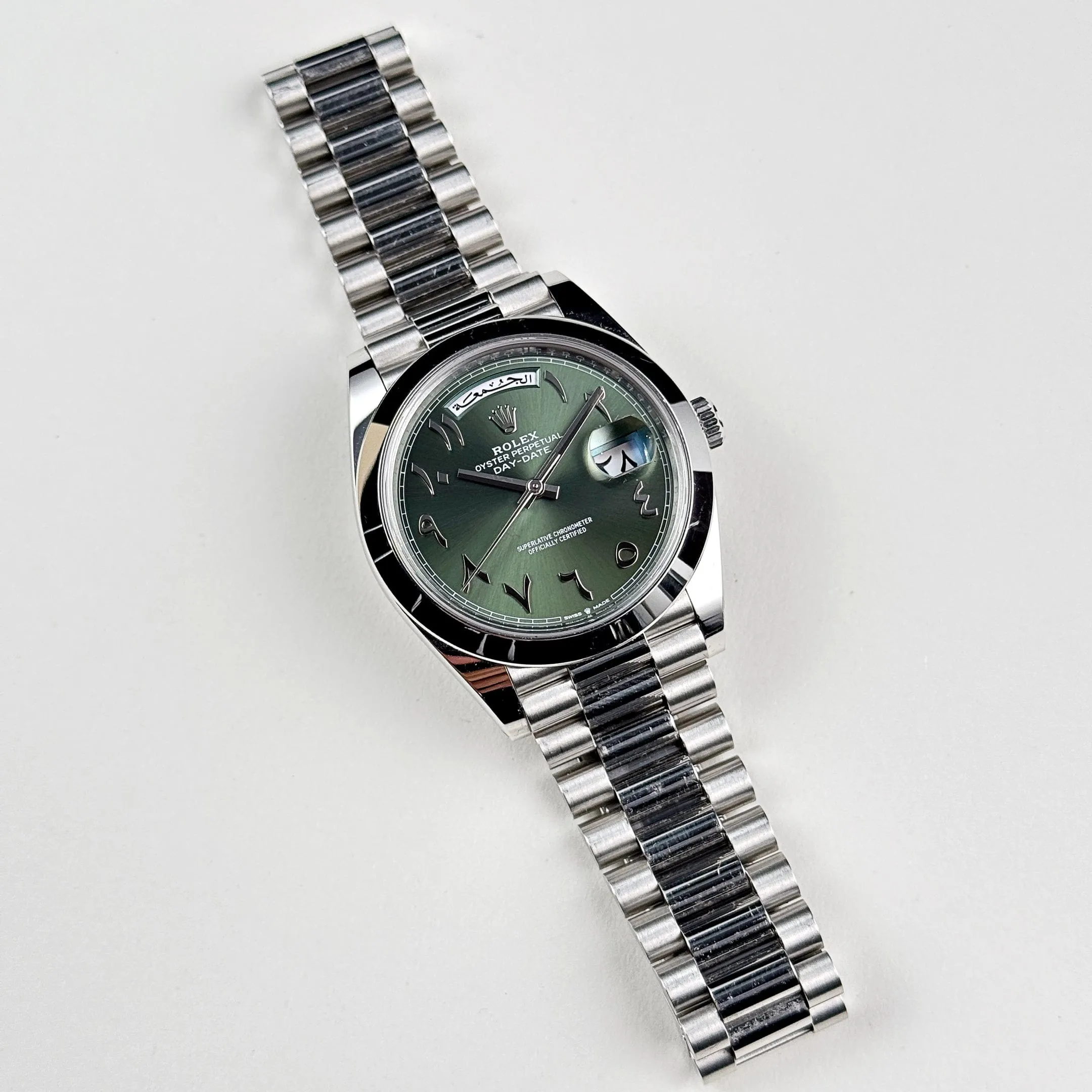 Rolex Day-Date 40 228206 Platinum Olive Green Arabic Dial