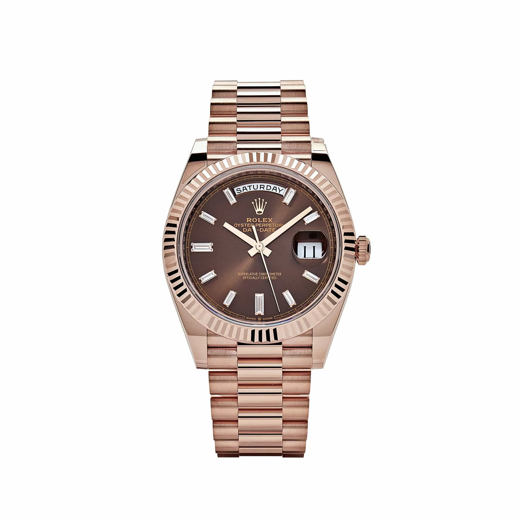 Rolex Day-Date 40 228235 Rose Gold Chocolate Baguette Diamond Dial (2024)