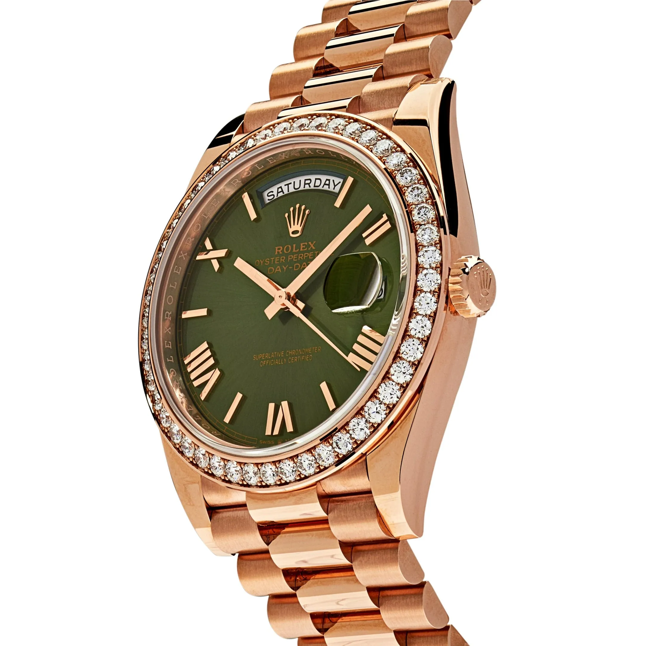 Rolex Day-Date 40 228345RBR Rose Gold Olive Green Dial Diamond Bezel