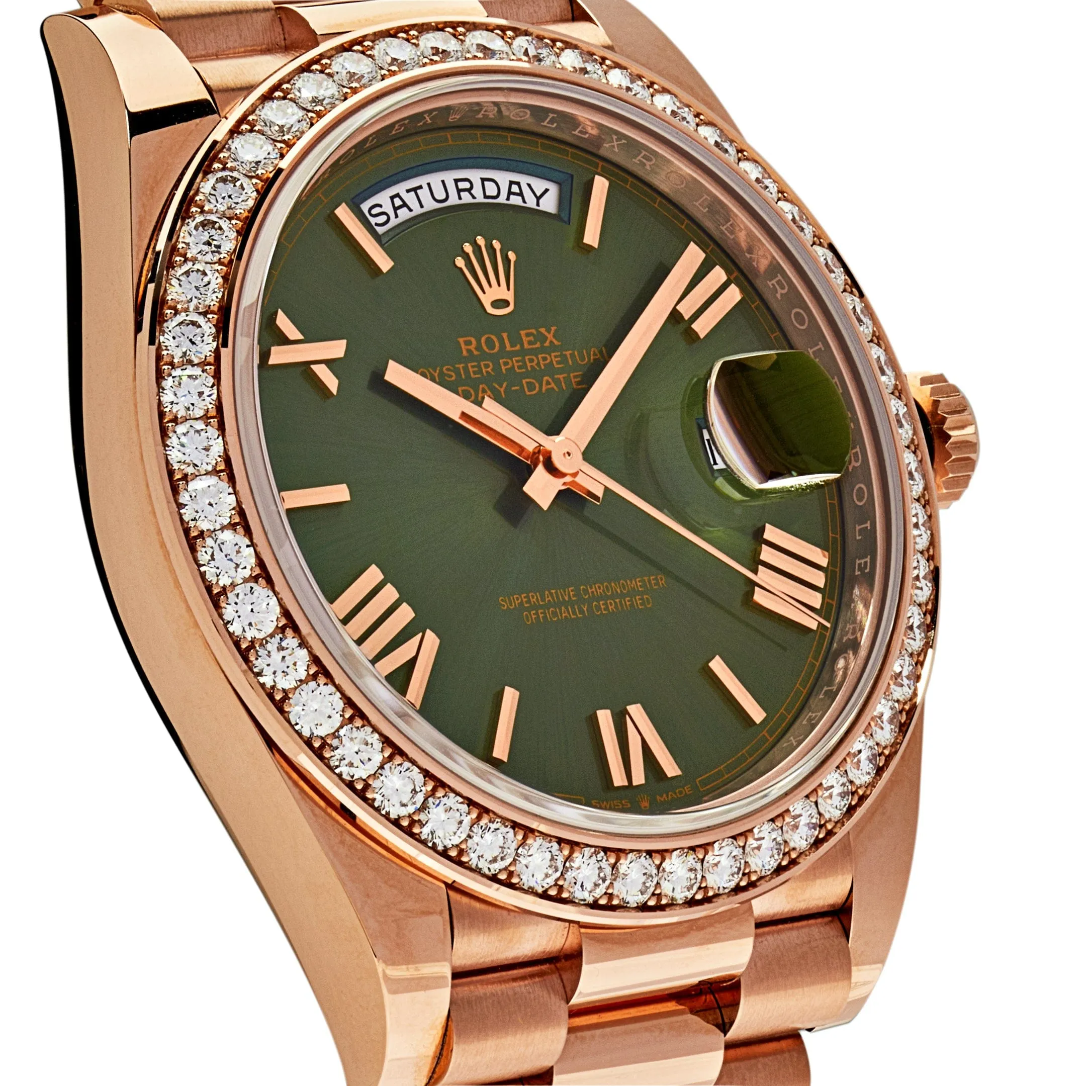 Rolex Day-Date 40 228345RBR Rose Gold Olive Green Dial Diamond Bezel
