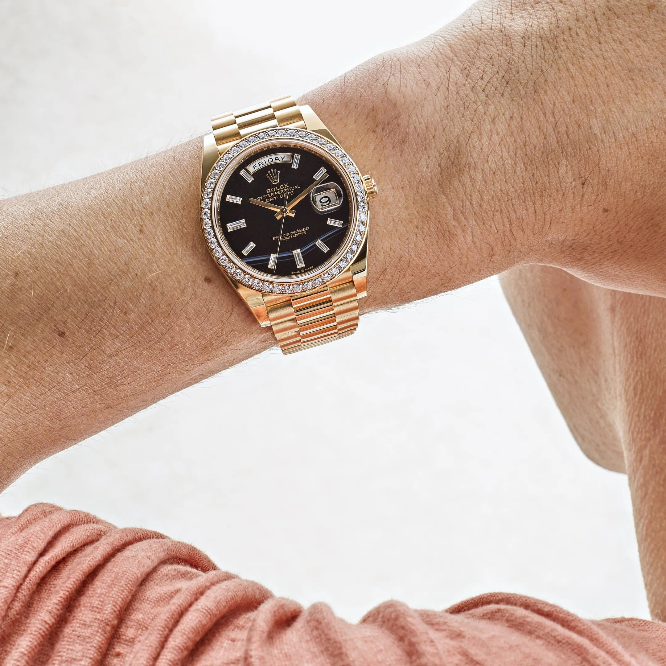 Rolex Day-Date 40 228348RBR Yellow Gold Diamond Bezel Black Onyx Dial