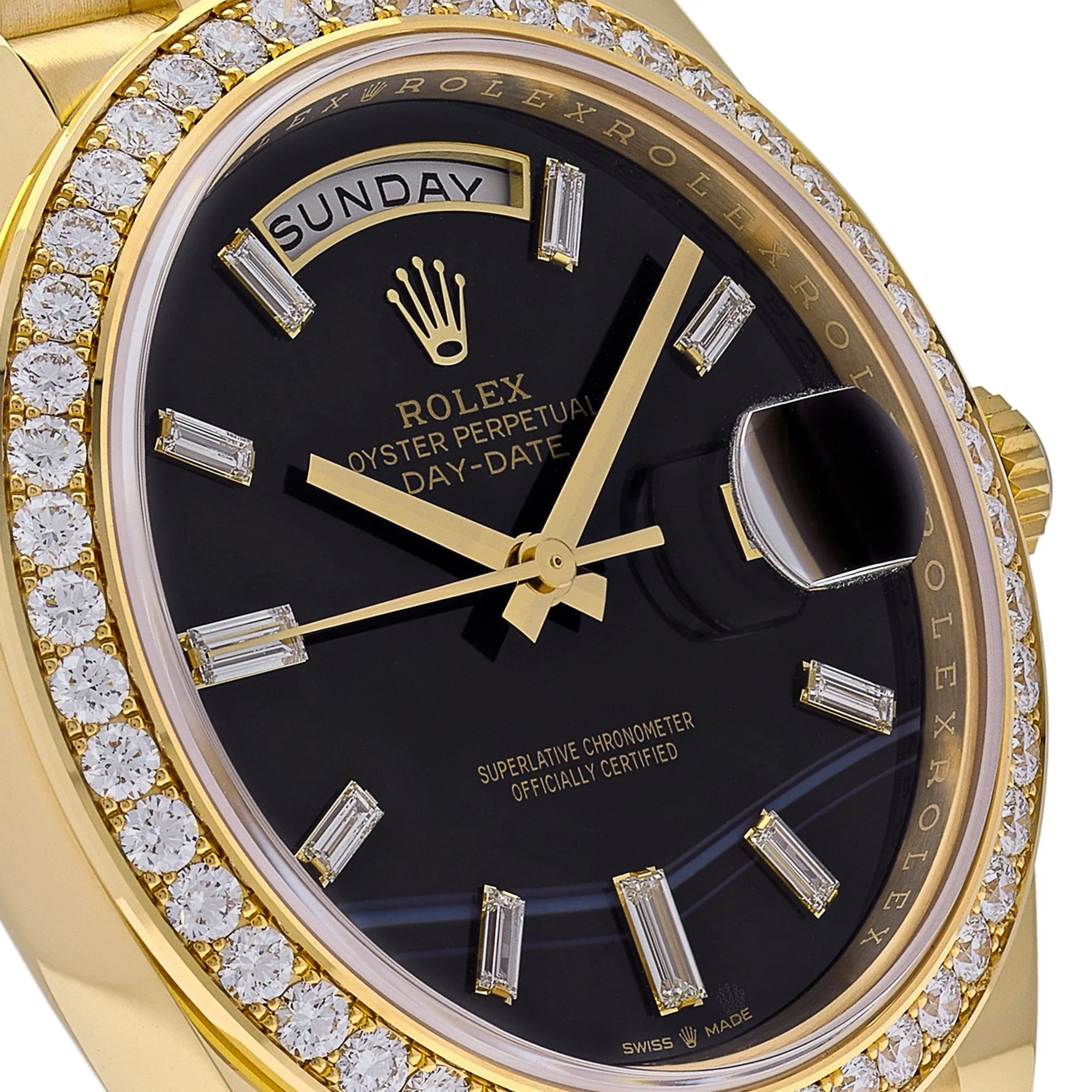 Rolex Day-Date 40 228348RBR Yellow Gold Diamond Bezel Black Onyx Dial