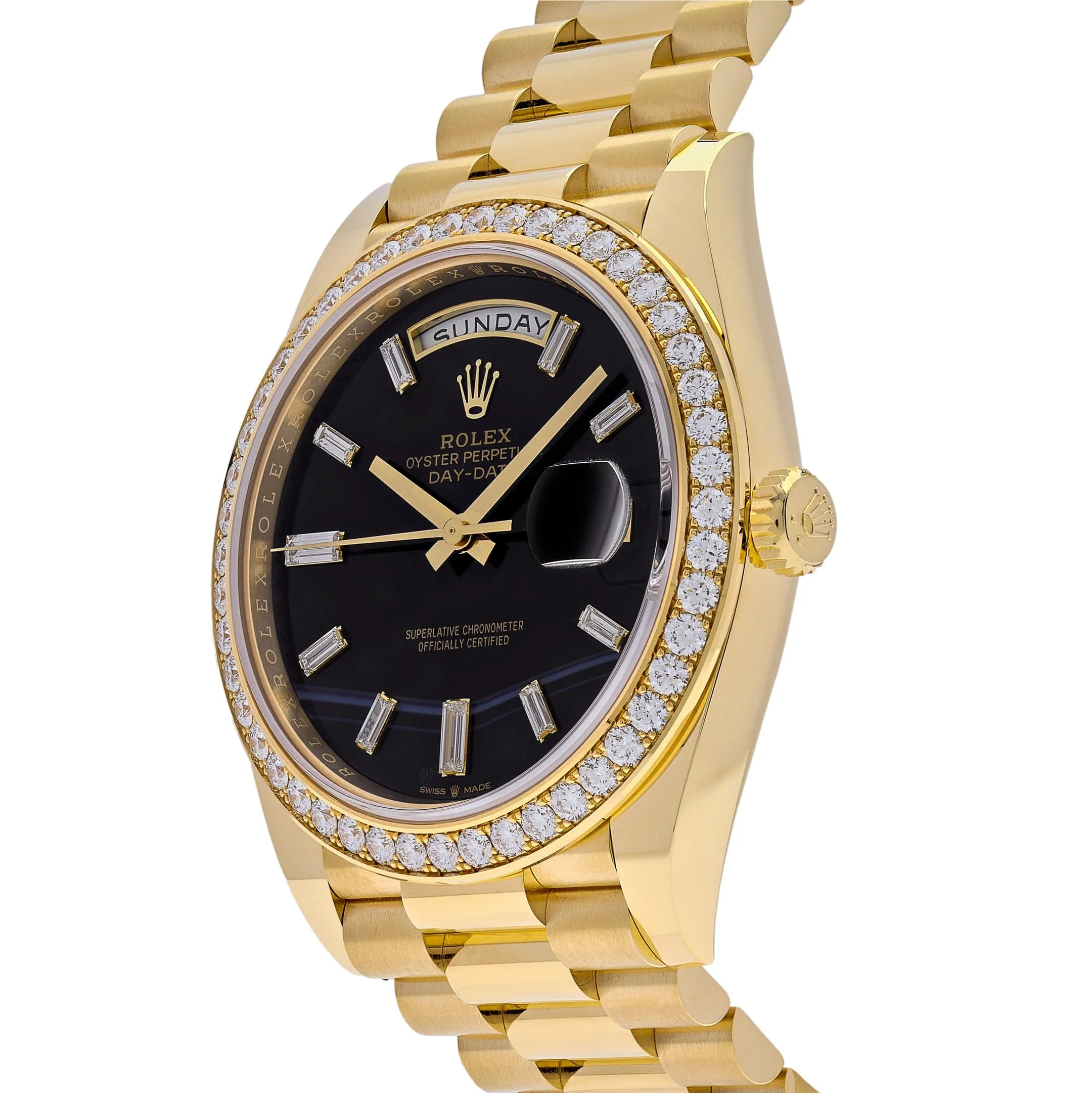 Rolex Day-Date 40 228348RBR Yellow Gold Diamond Bezel Black Onyx Dial