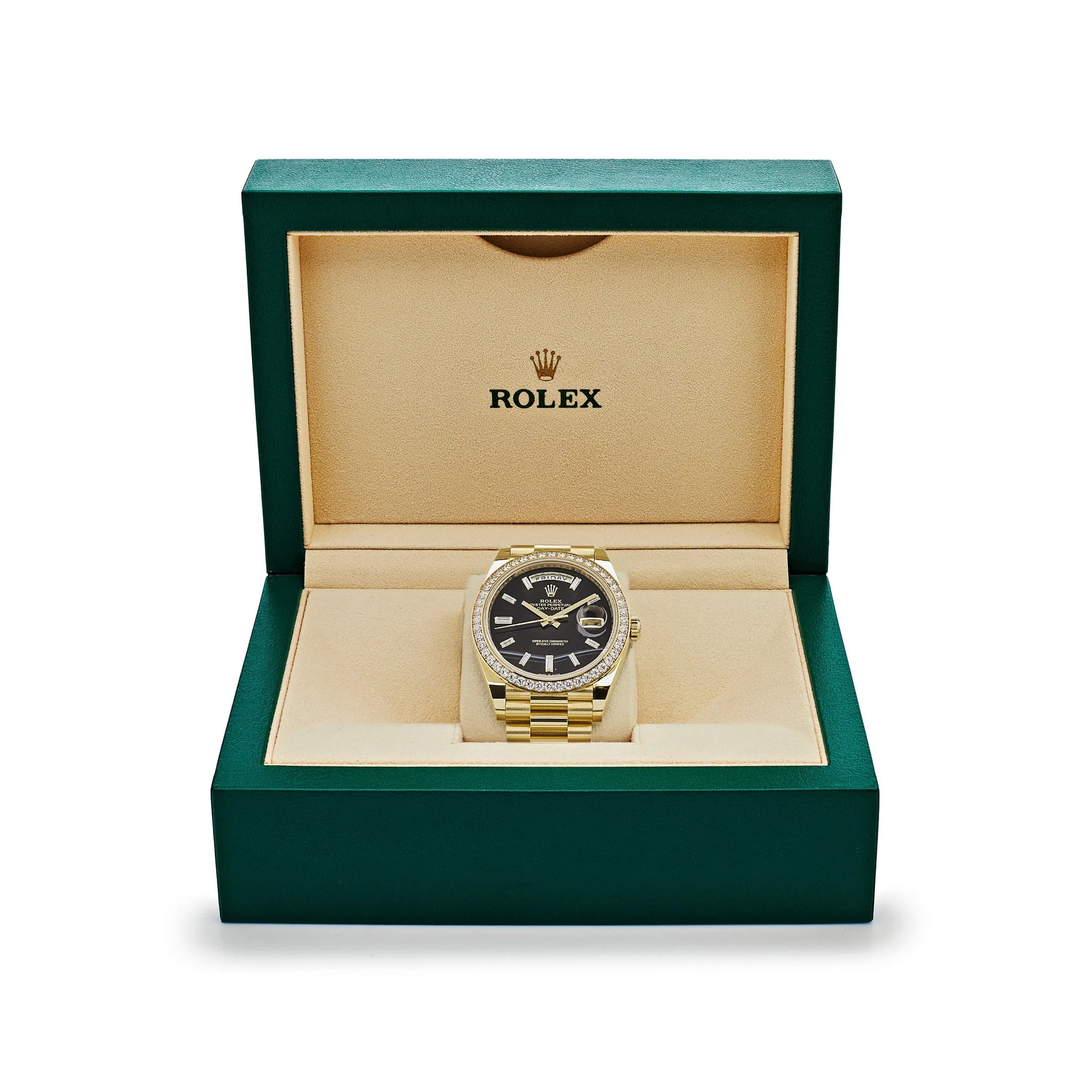 Rolex Day-Date 40 228348RBR Yellow Gold Diamond Bezel Black Onyx Dial