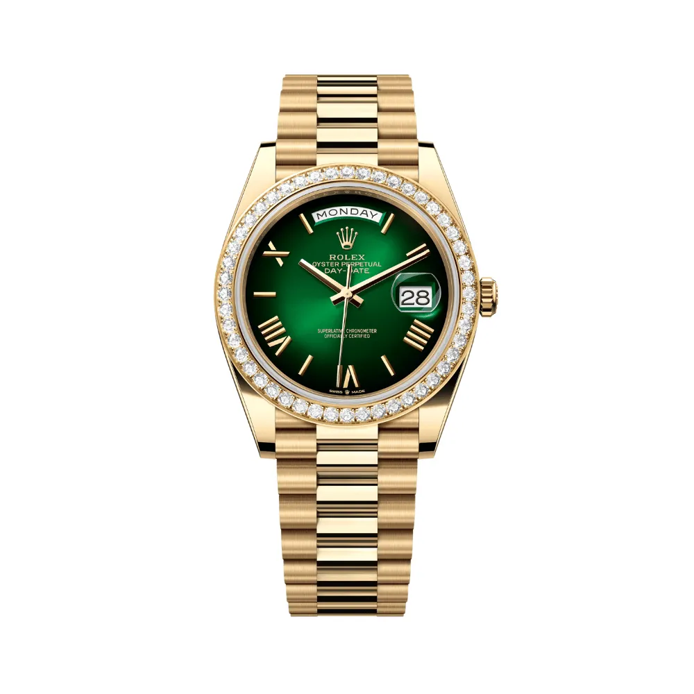 Rolex Day-Date 40 228348RBR Yellow Gold Green Ombre Roman Numeral Dial Diamond Bezel