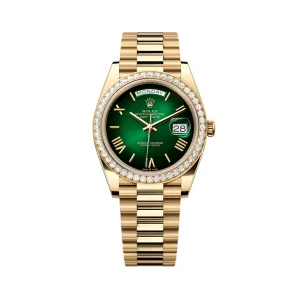 Rolex Day-Date 40 228348RBR Yellow Gold Green Ombre Roman Numeral Dial Diamond Bezel