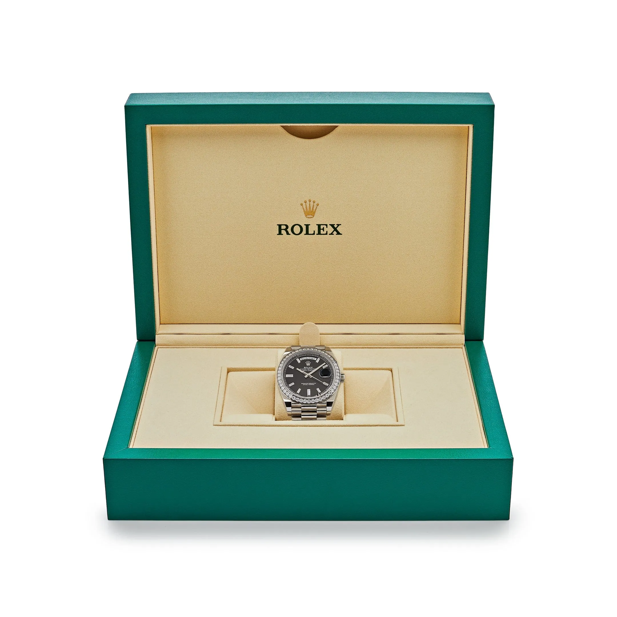 Rolex Day-Date 40 228349RBR White Gold Diamond Bezel Black Dial (2024)