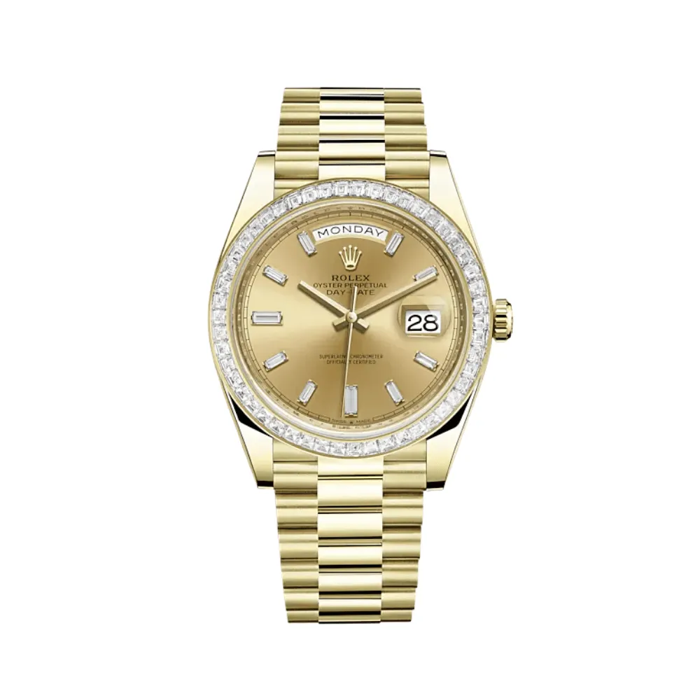 Rolex Day-Date 40 228398TBR Yellow Gold Diamond-Paved Bezel Champagne Diamond Dial