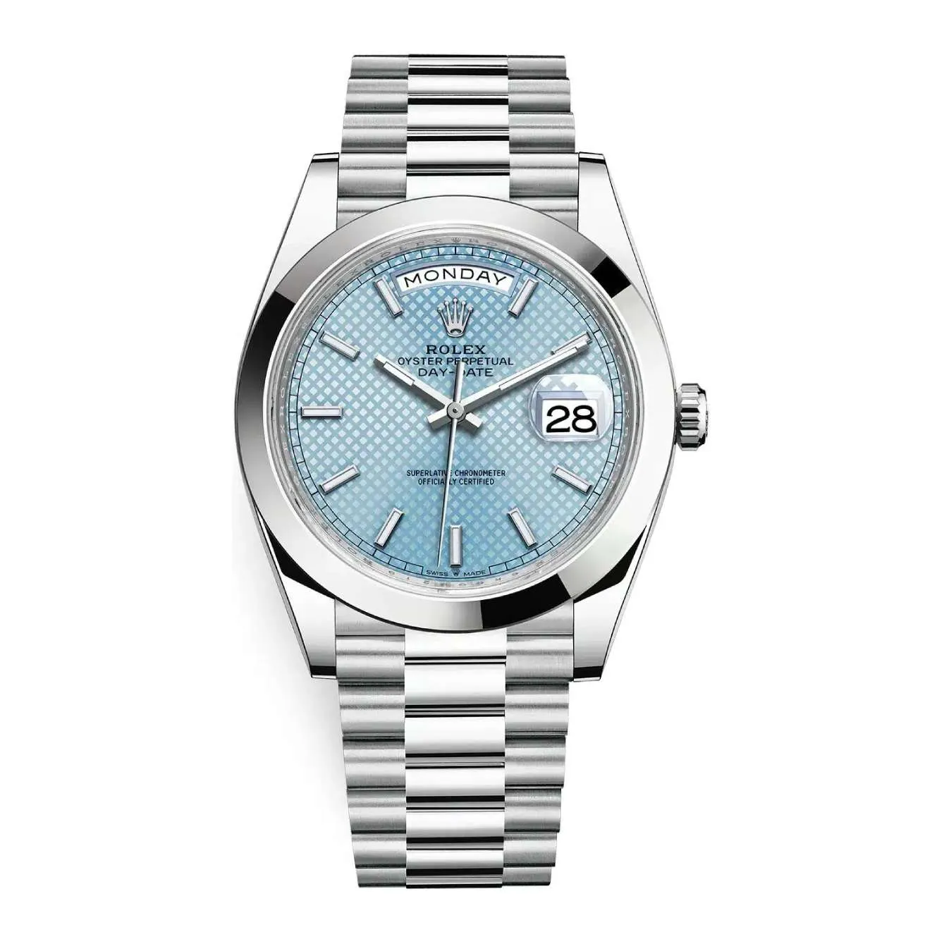 Rolex Day Date 40mm - Ref: 228206-0004 - Ice Blue Diagonal Motif Stick Dial, Platinum President Bracelet Men's Watch