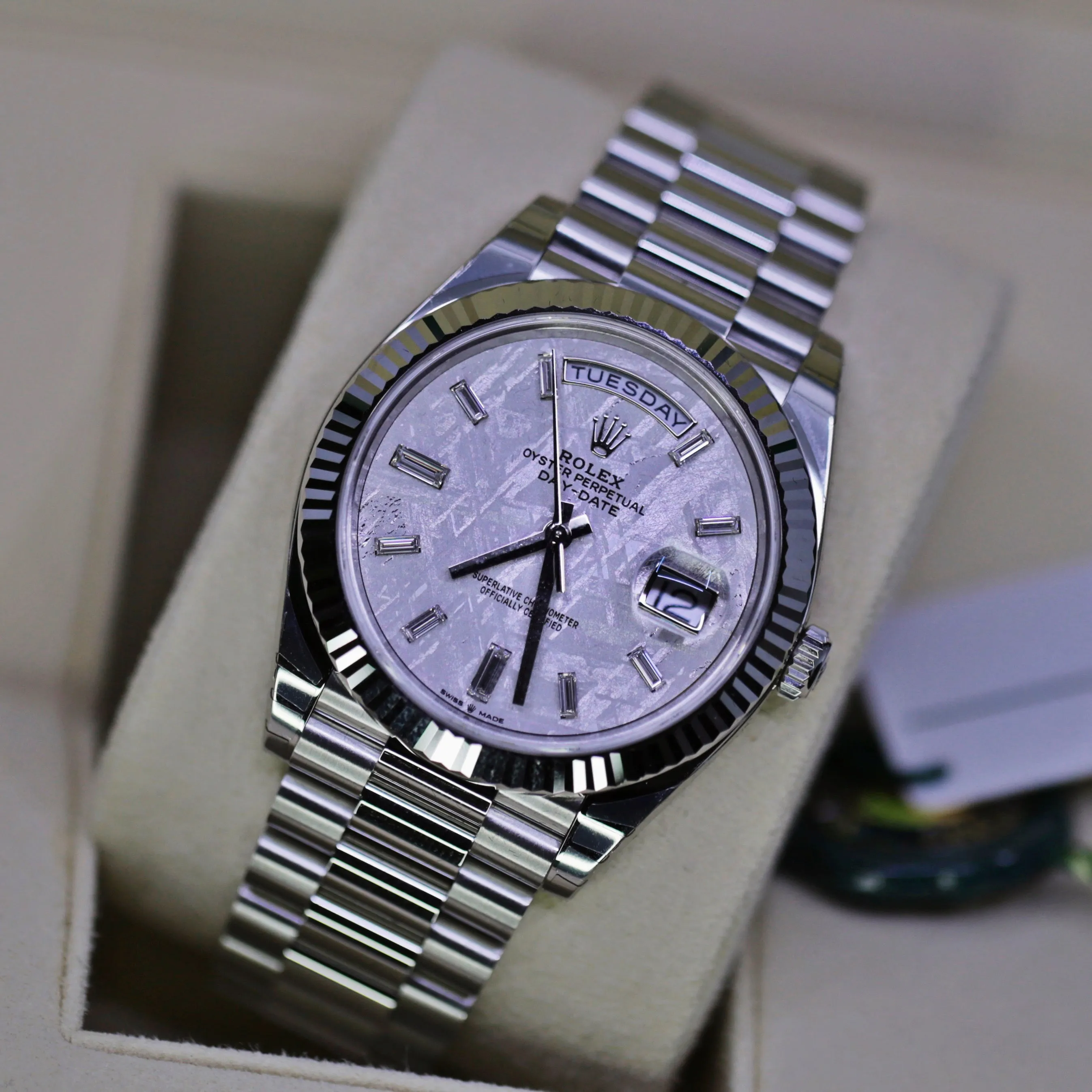 Rolex Day Date 40mm - Ref: 228236-0011 - Meteorite Diamond Dial & Fluted Bezel, Platinum President Bracelet Men's Watch