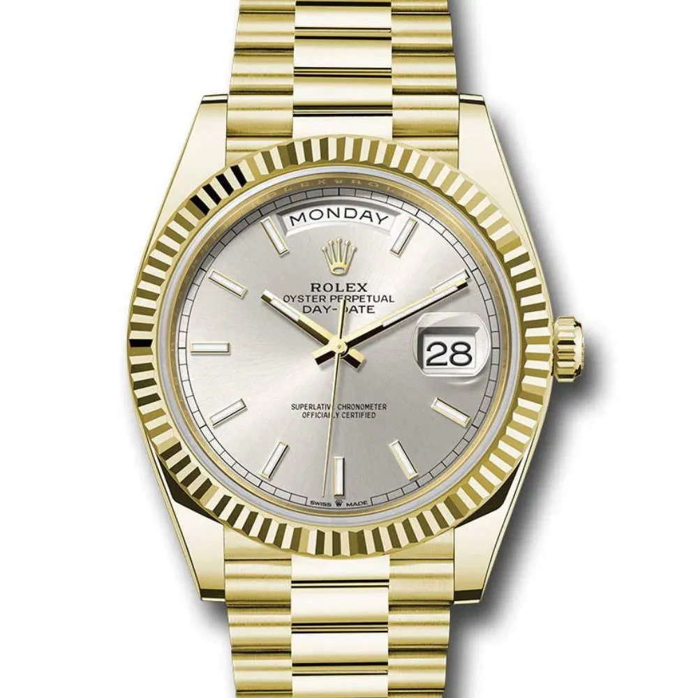 Rolex Day Date 40mm - Ref: 228238 - Silver Stick Dial & Fluted Bezel, 18K Yellow Gold President Bracelet Men's Watch