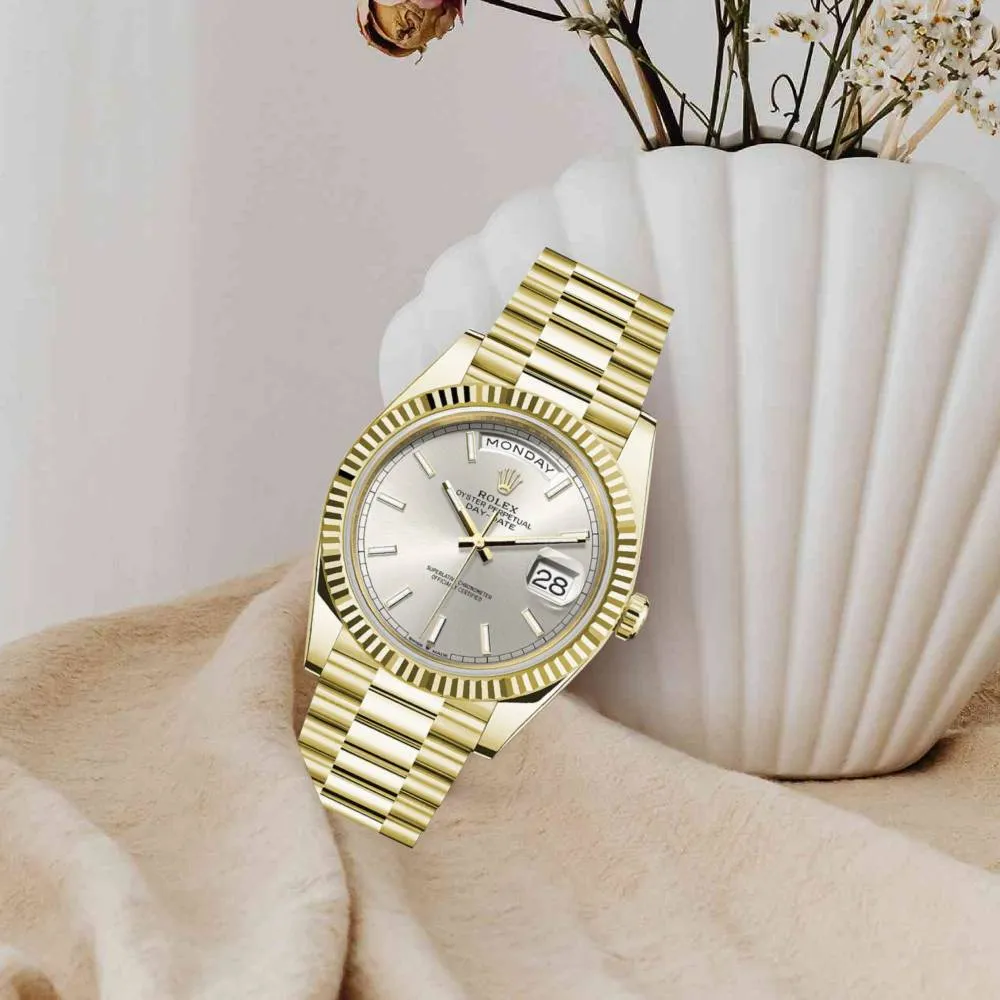 Rolex Day Date 40mm - Ref: 228238 - Silver Stick Dial & Fluted Bezel, 18K Yellow Gold President Bracelet Men's Watch