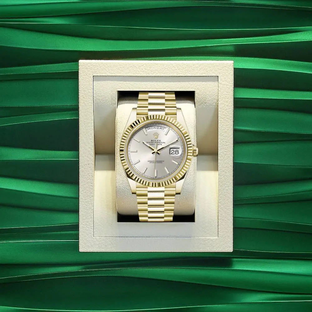 Rolex Day Date 40mm - Ref: 228238 - Silver Stick Dial & Fluted Bezel, 18K Yellow Gold President Bracelet Men's Watch
