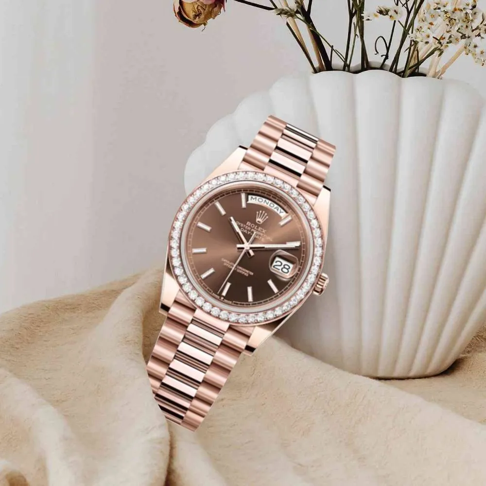 Rolex Day Date 40mm - Ref: 228345RBR - Chocolate Stick Dial & Diamond Bezel, 18K Rose Gold President Bracelet Men's Watch
