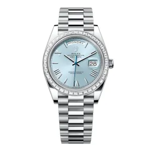 Rolex Day Date 40mm - Ref: 228396tbr-0030 - Ice Blue Roman Dial & Diamond Bezel, Platinum President Bracelet Men's Watch