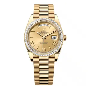 Rolex Day Date 40mm - Ref: 228398tbr-0003 - Champagne Roman Dial & Diamond Bezel, 18K Yellow Gold President Bracelet Men's Watch
