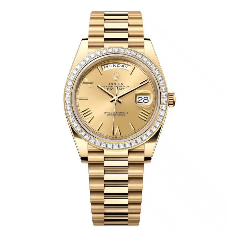 Rolex Day Date 40mm - Ref: 228398tbr-0003 - Champagne Roman Dial & Diamond Bezel, 18K Yellow Gold President Bracelet Men's Watch