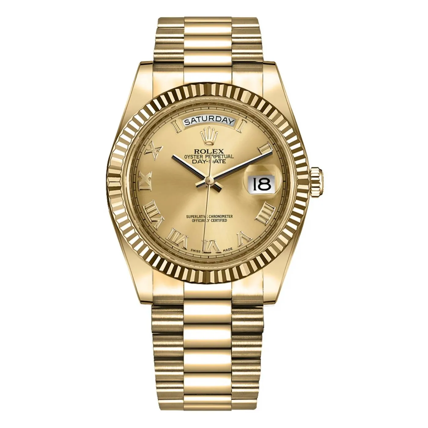 Rolex Day Date 41mm - Ref: 218238 - Champagne Roman Dial & Fluted Bezel, 18K Yellow Gold President Bracelet Men's Watch