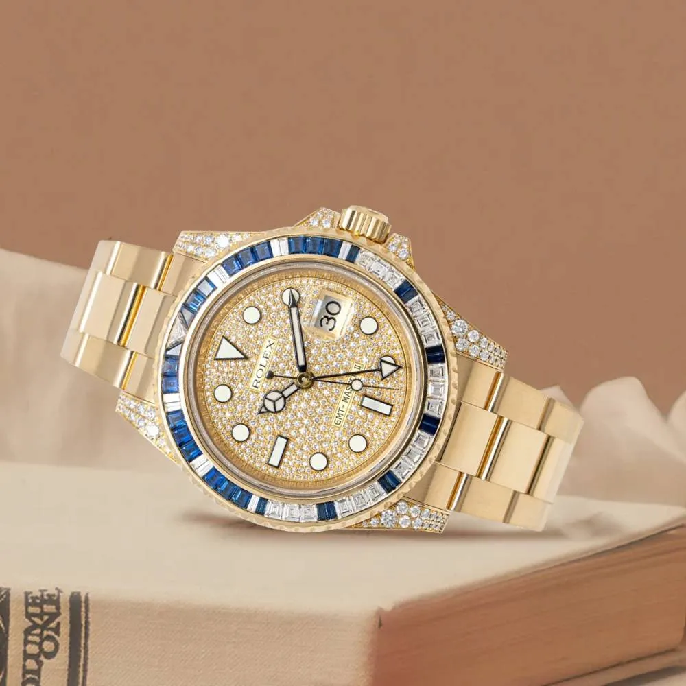 Rolex GMT-Master II 40mm - Ref: 116758SA pave - Pave Diamond Dial, Diamond & Sapphire Bezel, & Diamond Case, 18K Yellow Gold Oyster Bracelet Men's Watch