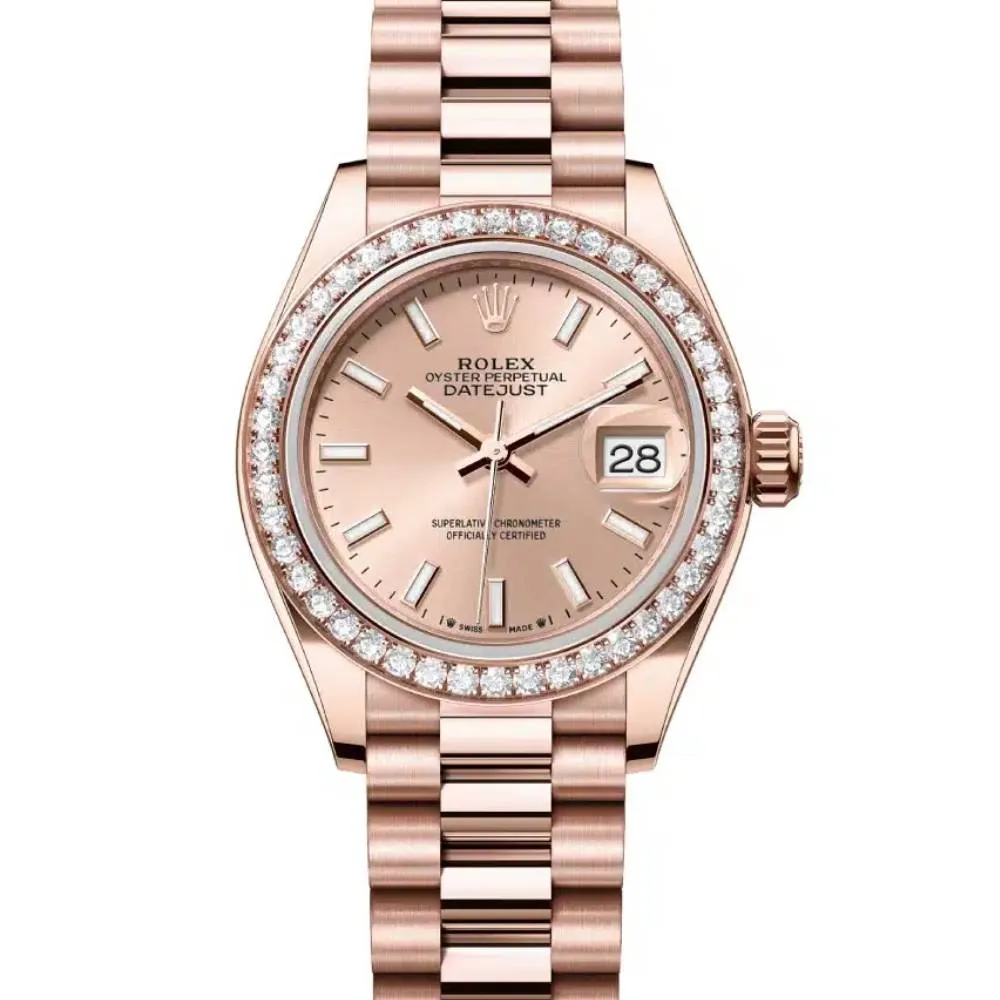 Rolex Lady Datejust 28mm - Ref: 279135rbr-0006 - Sundust Dial & Diamond Bezel, 18K Rose Gold President Bracelet Women's Watch