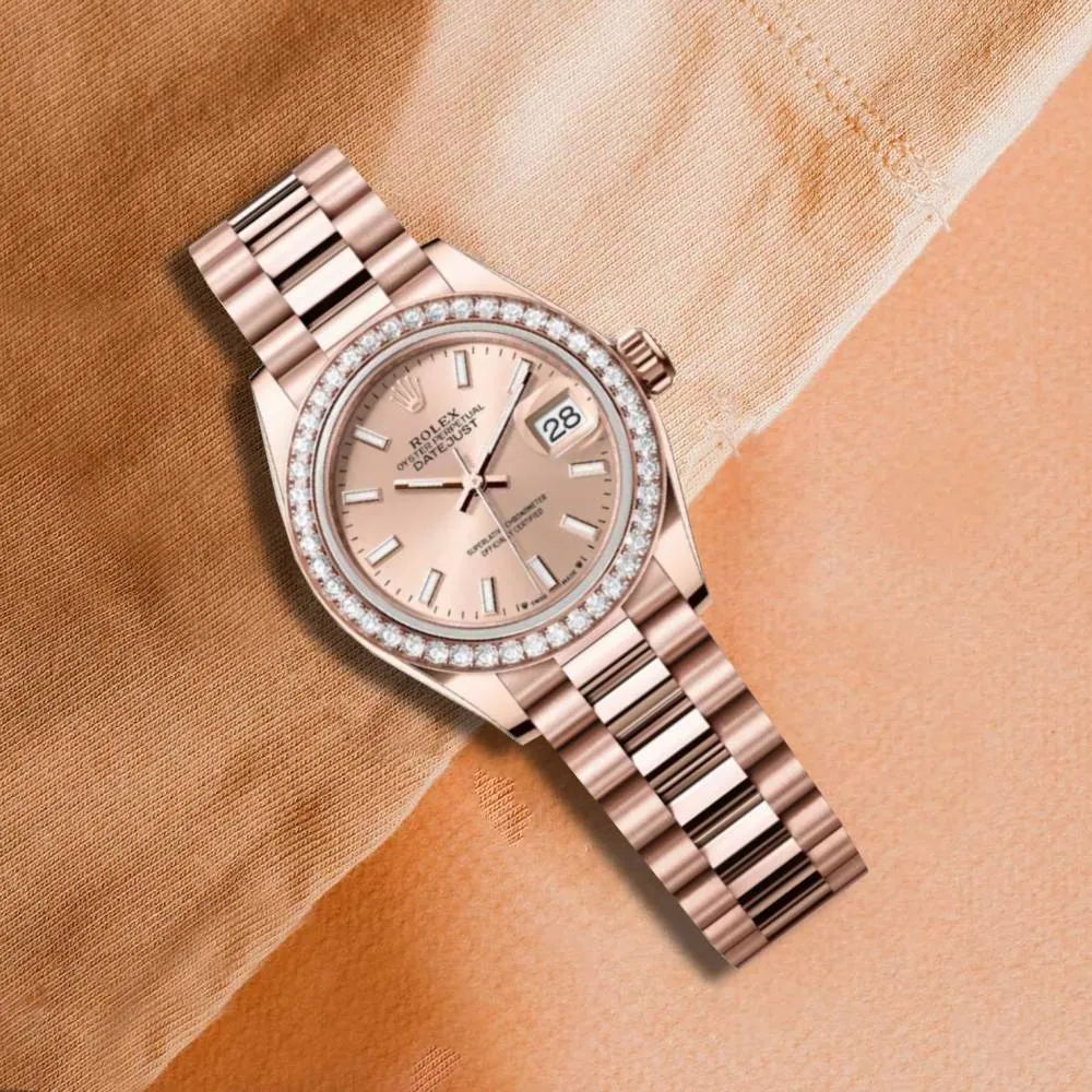 Rolex Lady Datejust 28mm - Ref: 279135rbr-0006 - Sundust Dial & Diamond Bezel, 18K Rose Gold President Bracelet Women's Watch