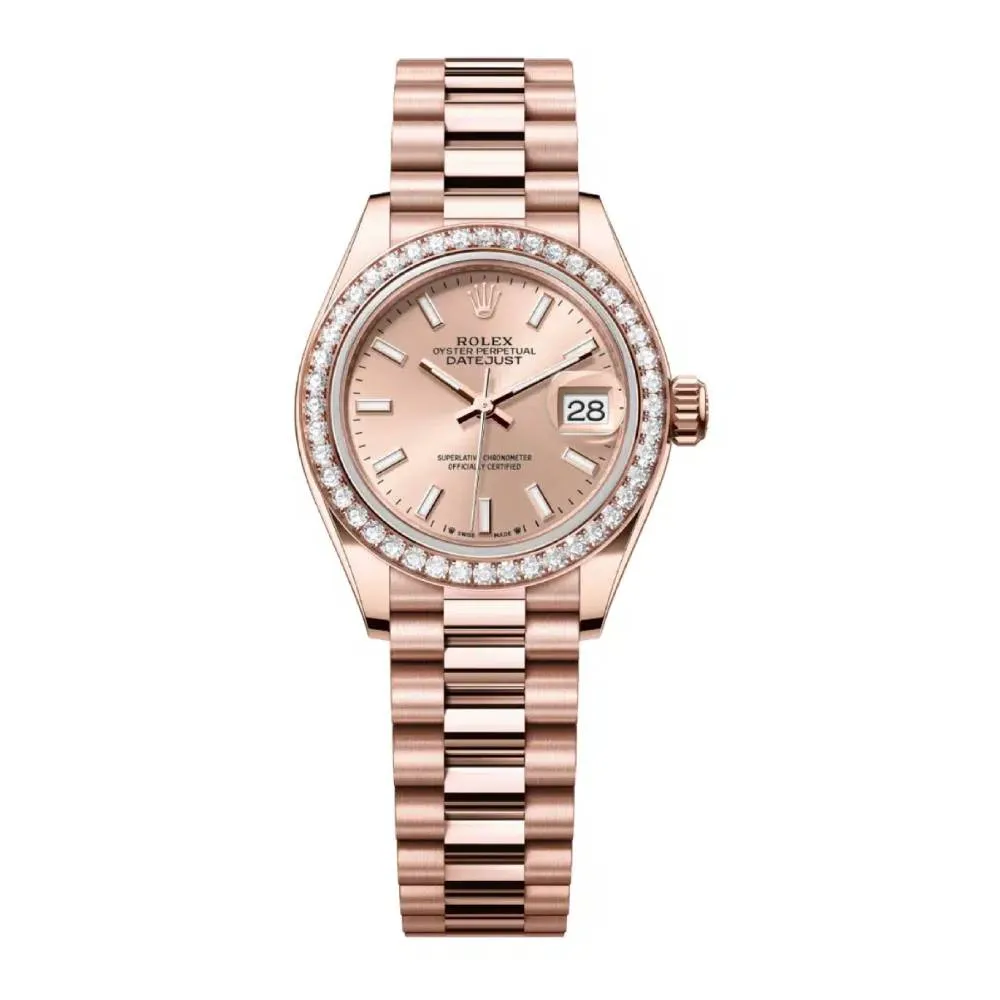 Rolex Lady Datejust 28mm - Ref: 279135rbr-0006 - Sundust Dial & Diamond Bezel, 18K Rose Gold President Bracelet Women's Watch
