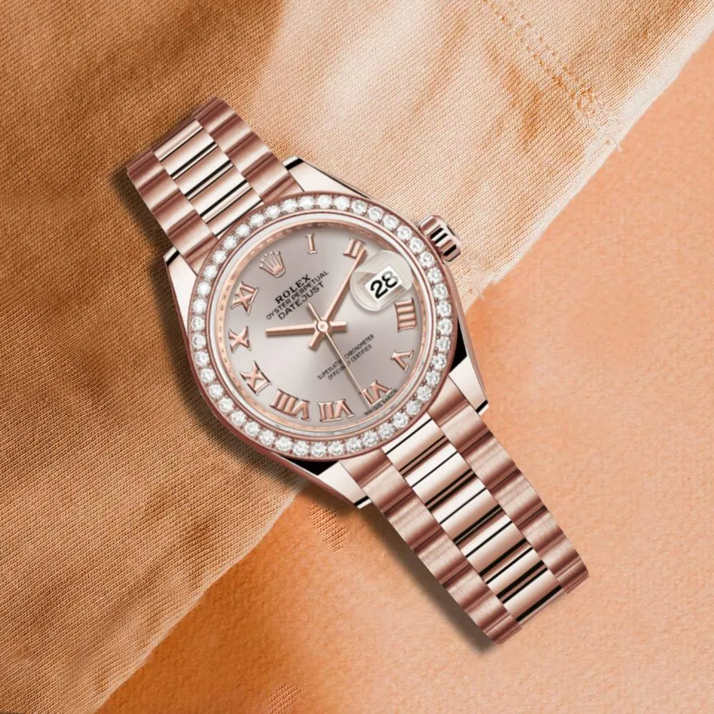 Rolex Lady Datejust 28mm - Ref: 279135rbr-0013 - Sundust Dial & Diamond Bezel, 18K Rose Gold President Bracelet Women's Watch